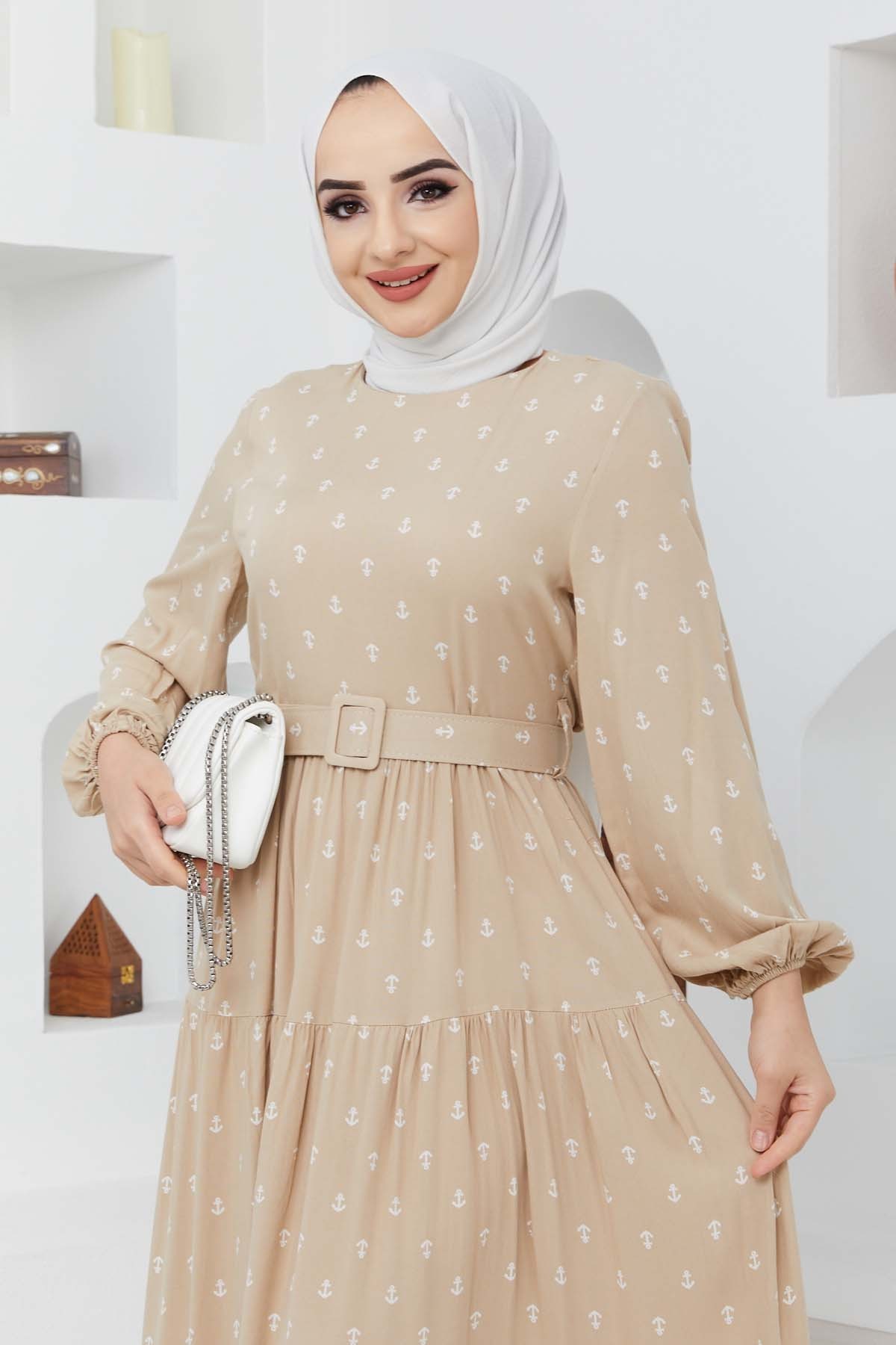 Deniz Viskon Elbise - Bej