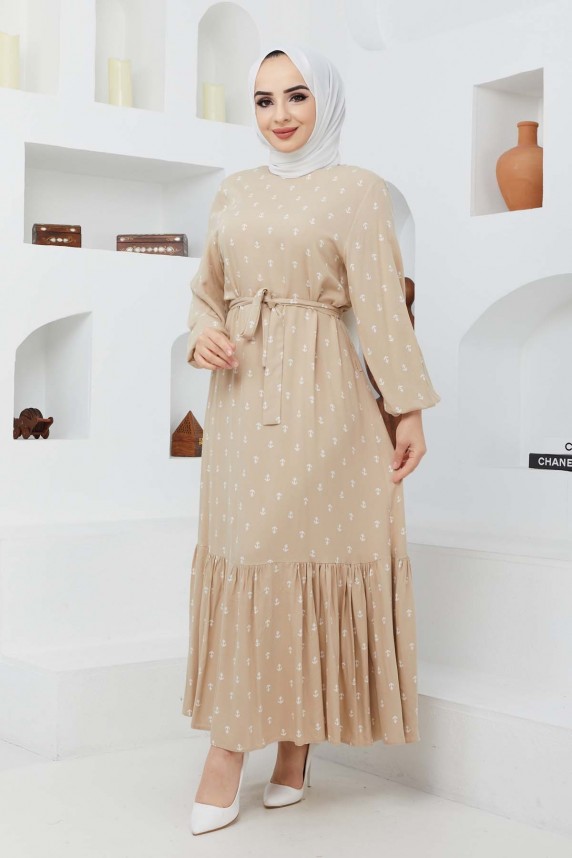 Çapa Viskon Elbise - Bej