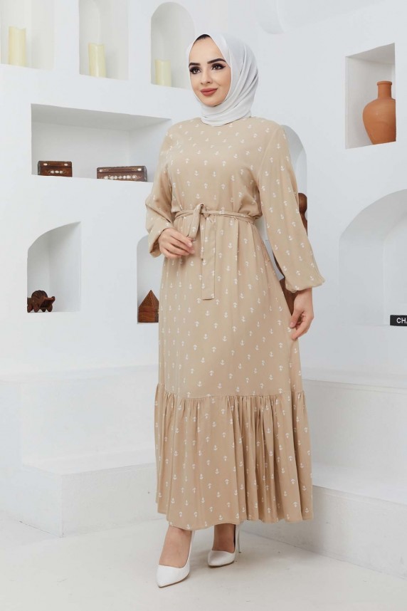 Çapa Viskon Elbise - Bej