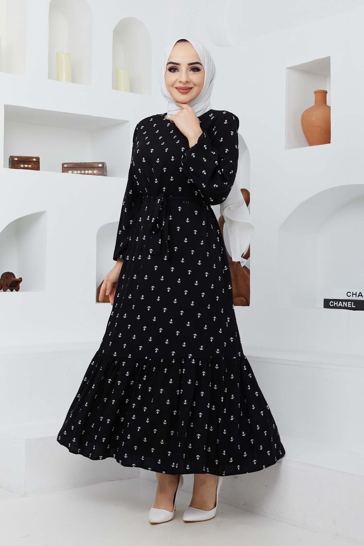 Çapa Viskon Elbise - Siyah