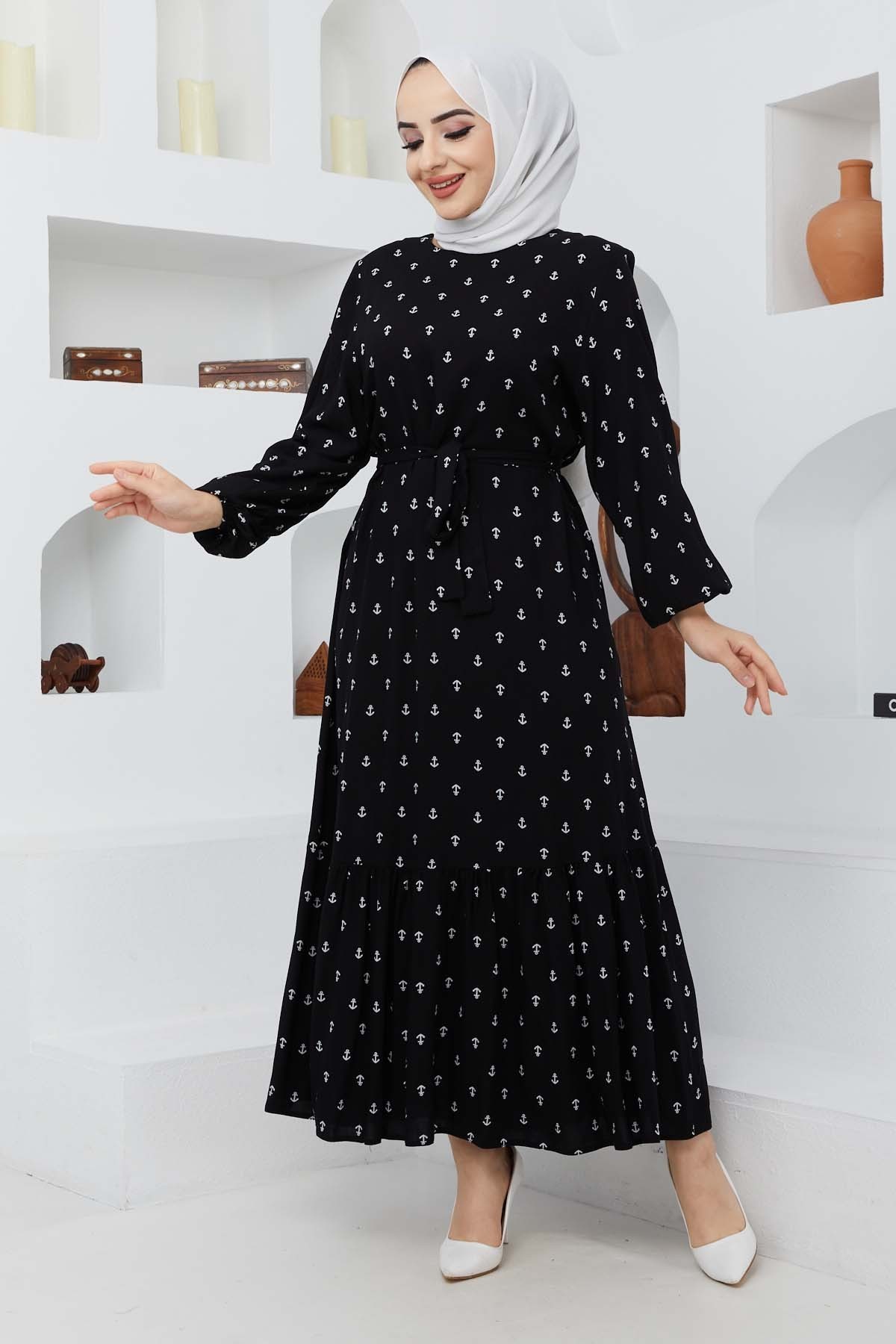 Çapa Viskon Elbise - Siyah