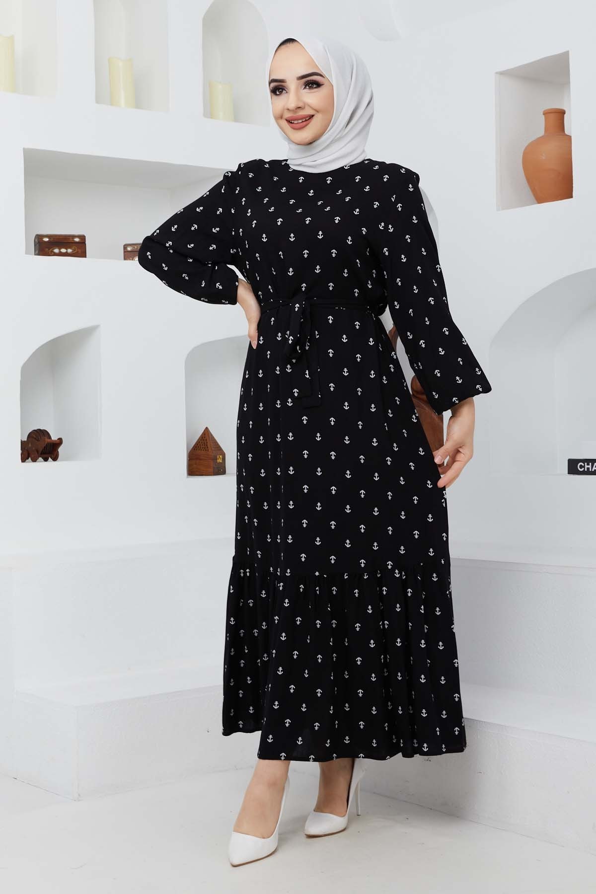 Çapa Viskon Elbise - Siyah