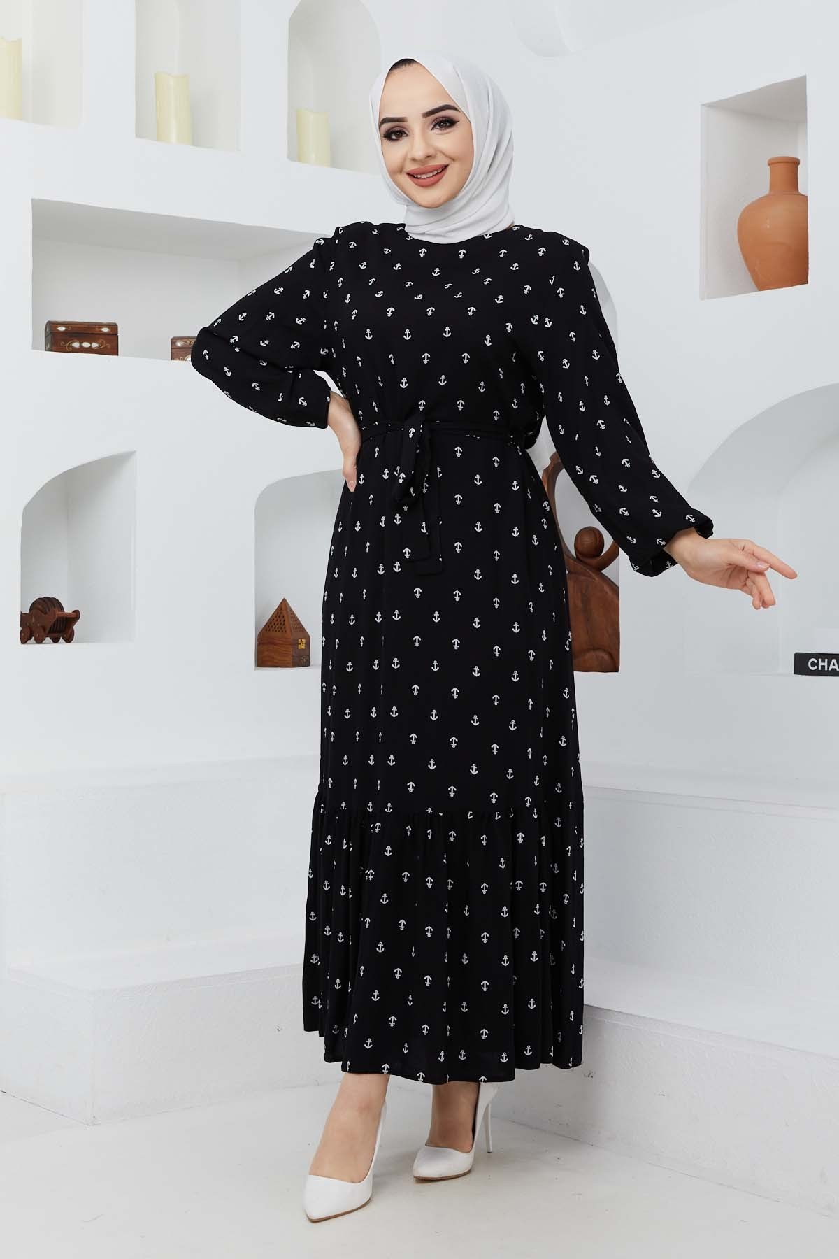 Çapa Viskon Elbise - Siyah