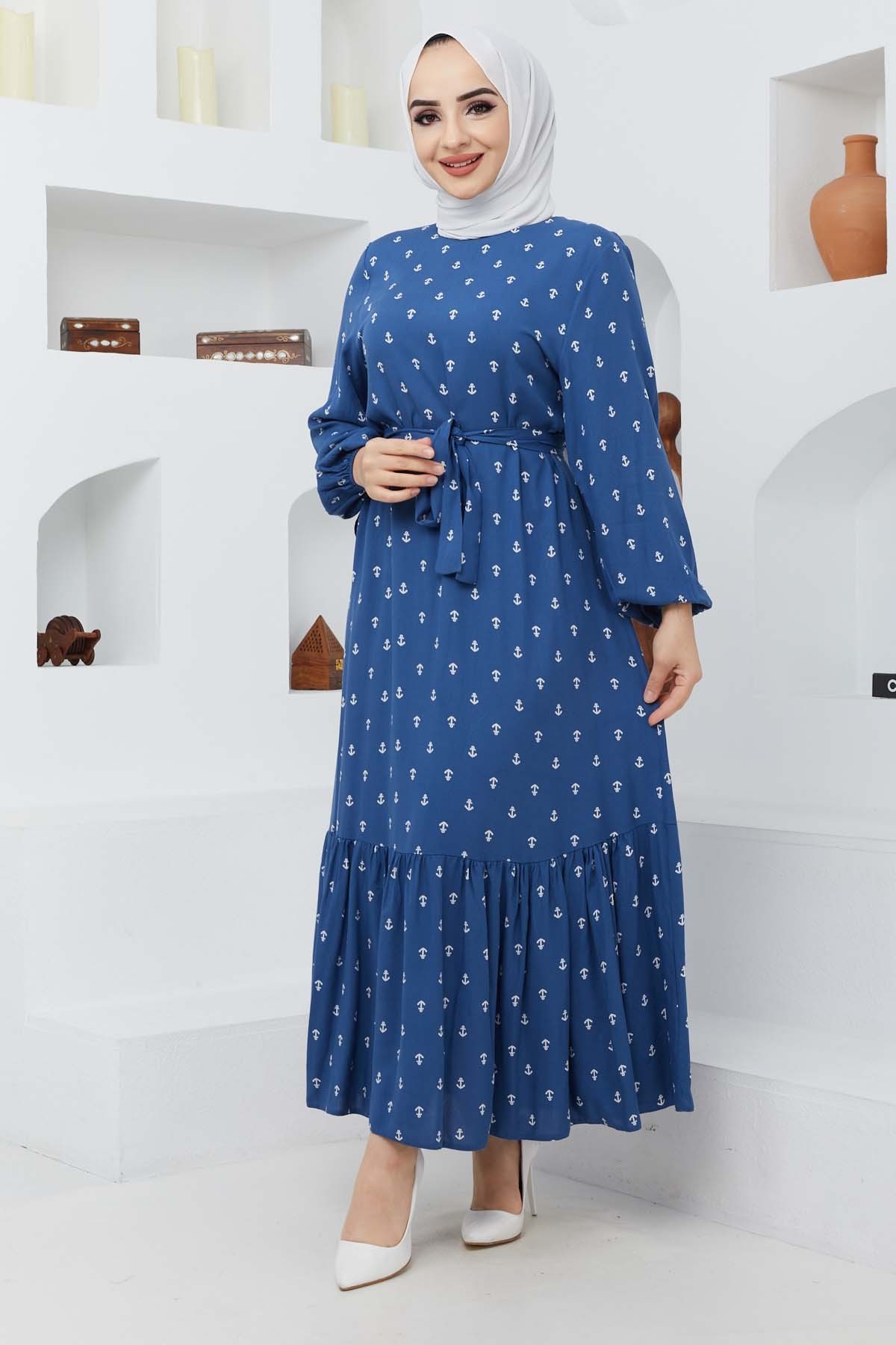 Çapa Viskon Elbise - Mavi