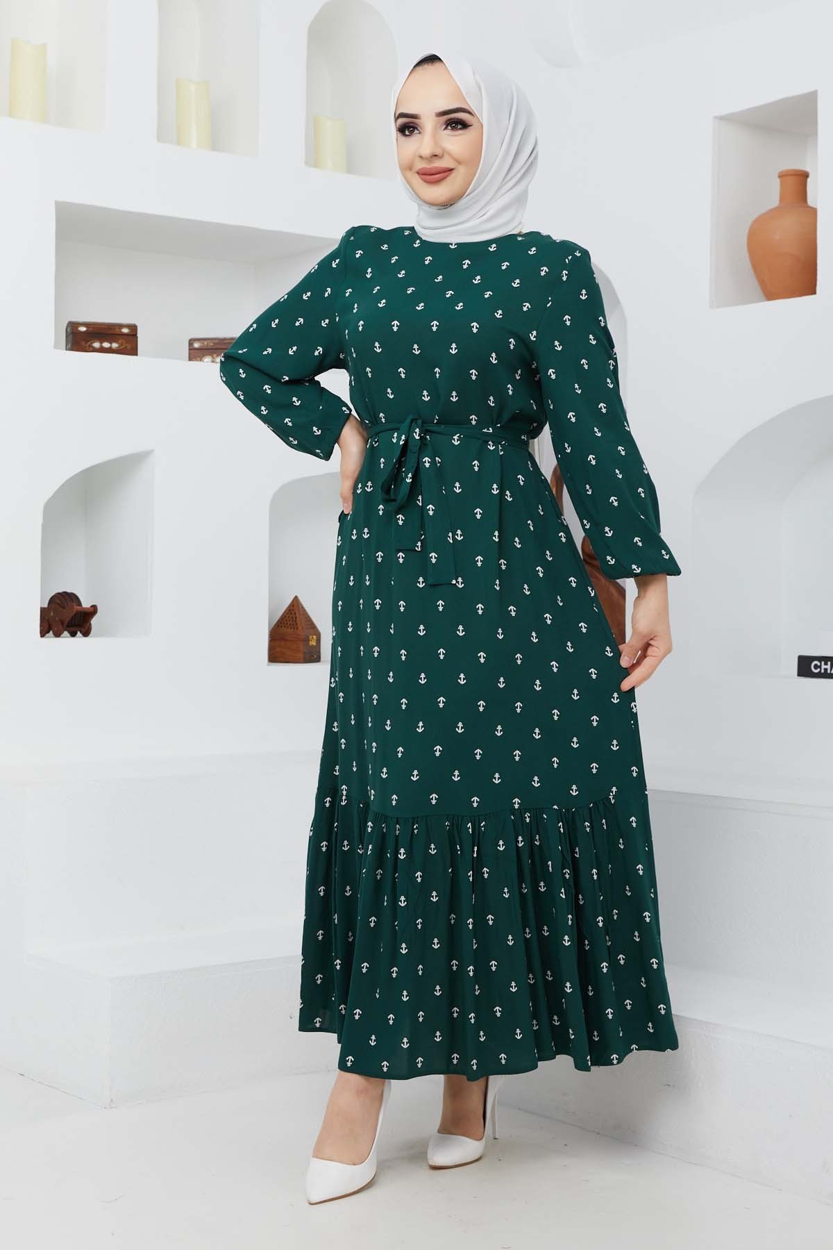 Çapa Viskon Elbise - Yeşil