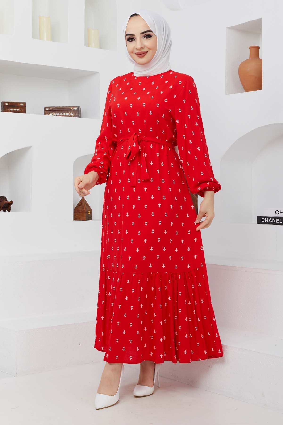 Çapa Viskon Elbise - Kırmızı