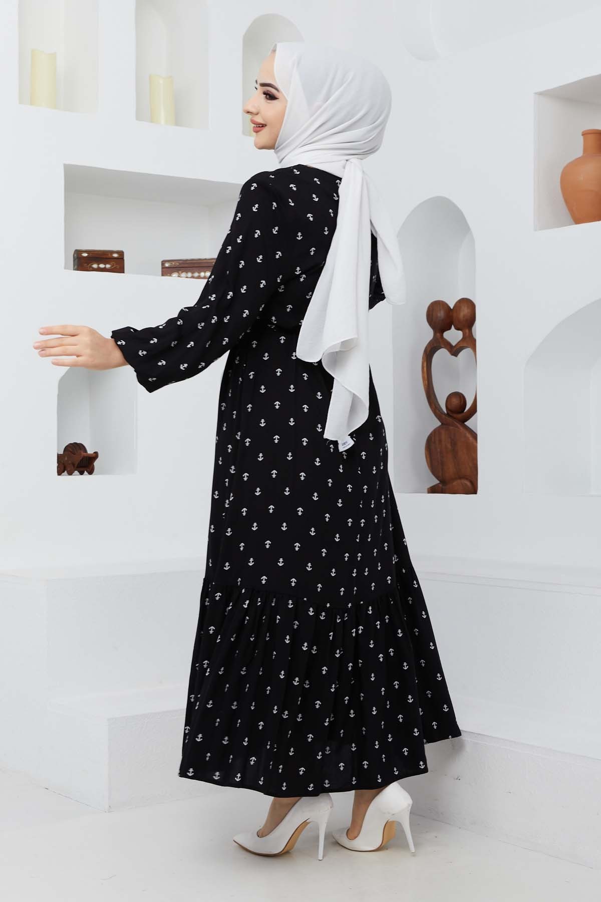 Çapa Viskon Elbise - Siyah