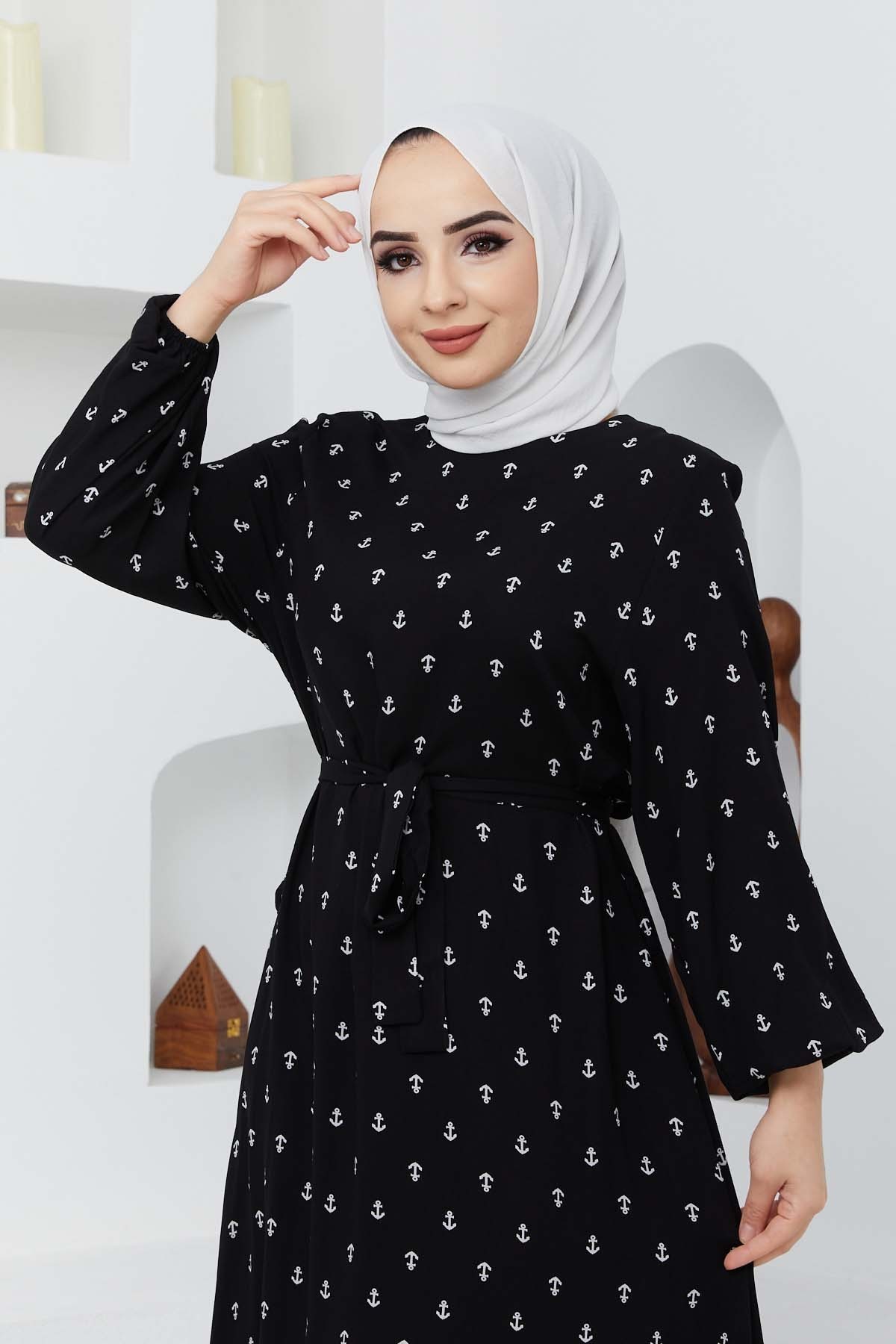 Çapa Viskon Elbise - Siyah