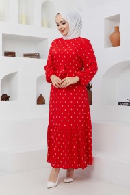 Çapa Viskon Elbise - Kırmızı