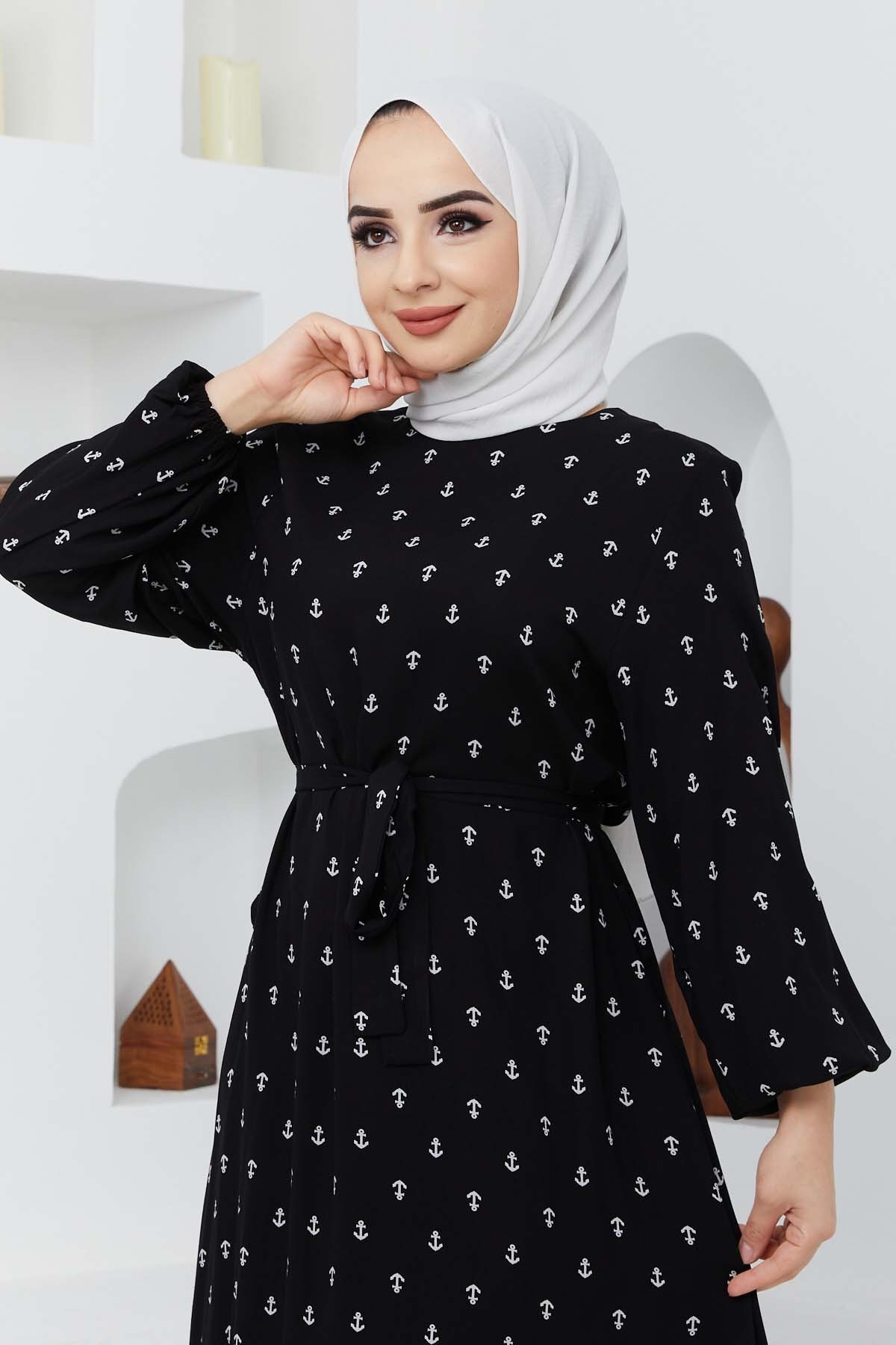 Çapa Viskon Elbise - Siyah