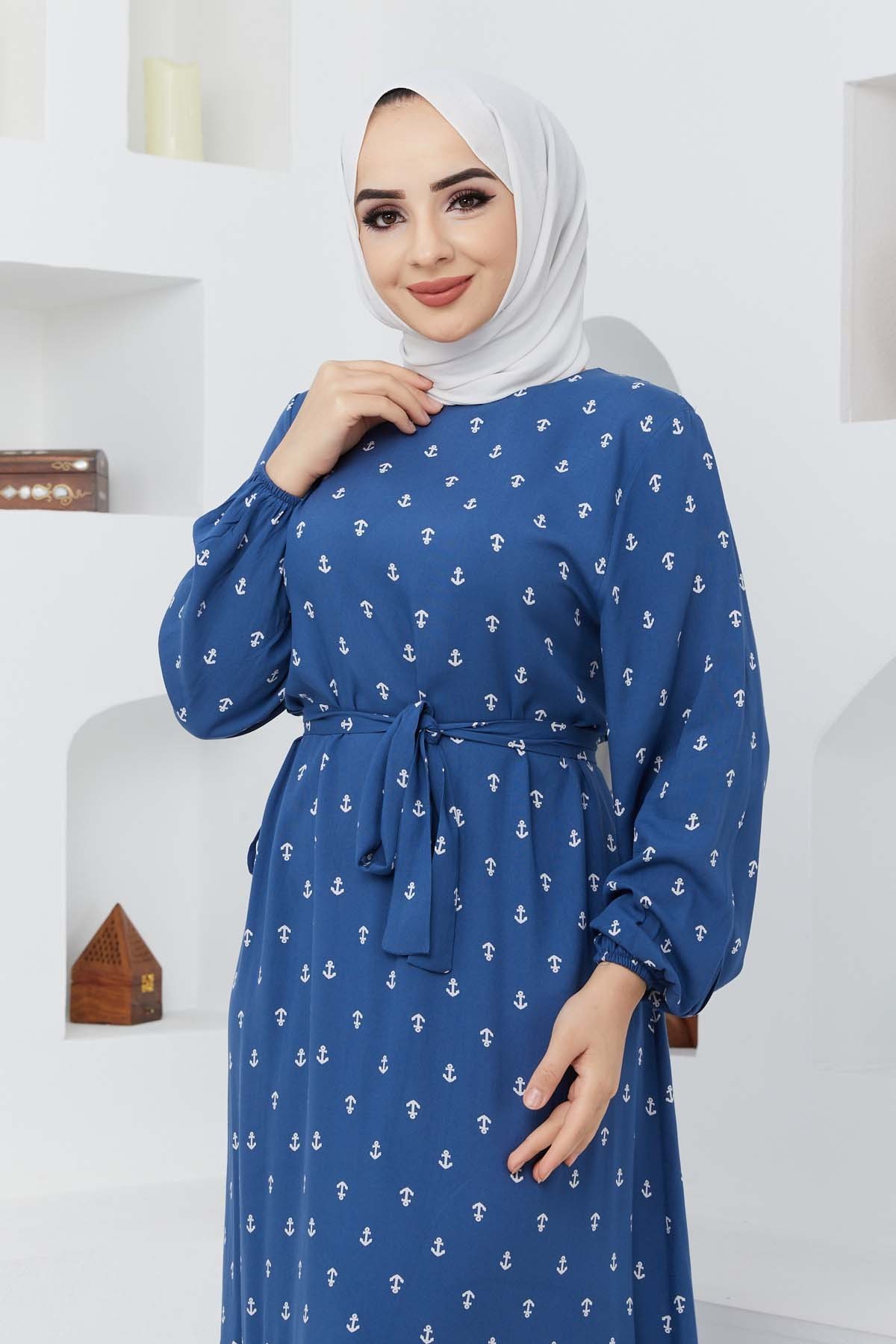 Çapa Viskon Elbise - Mavi