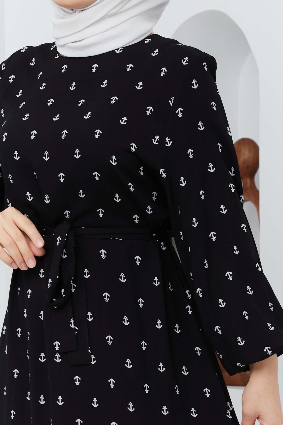 Çapa Viskon Elbise - Siyah