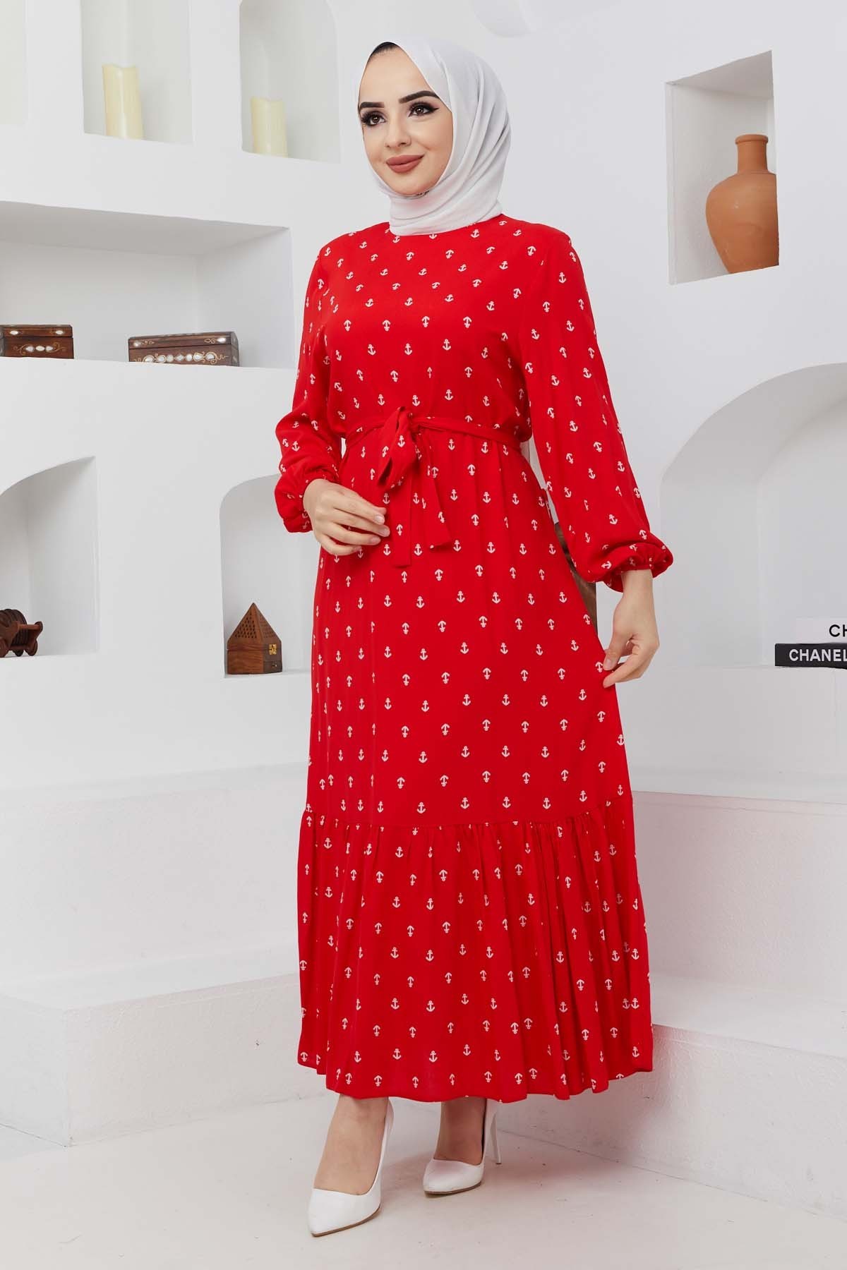 Çapa Viskon Elbise - Kırmızı