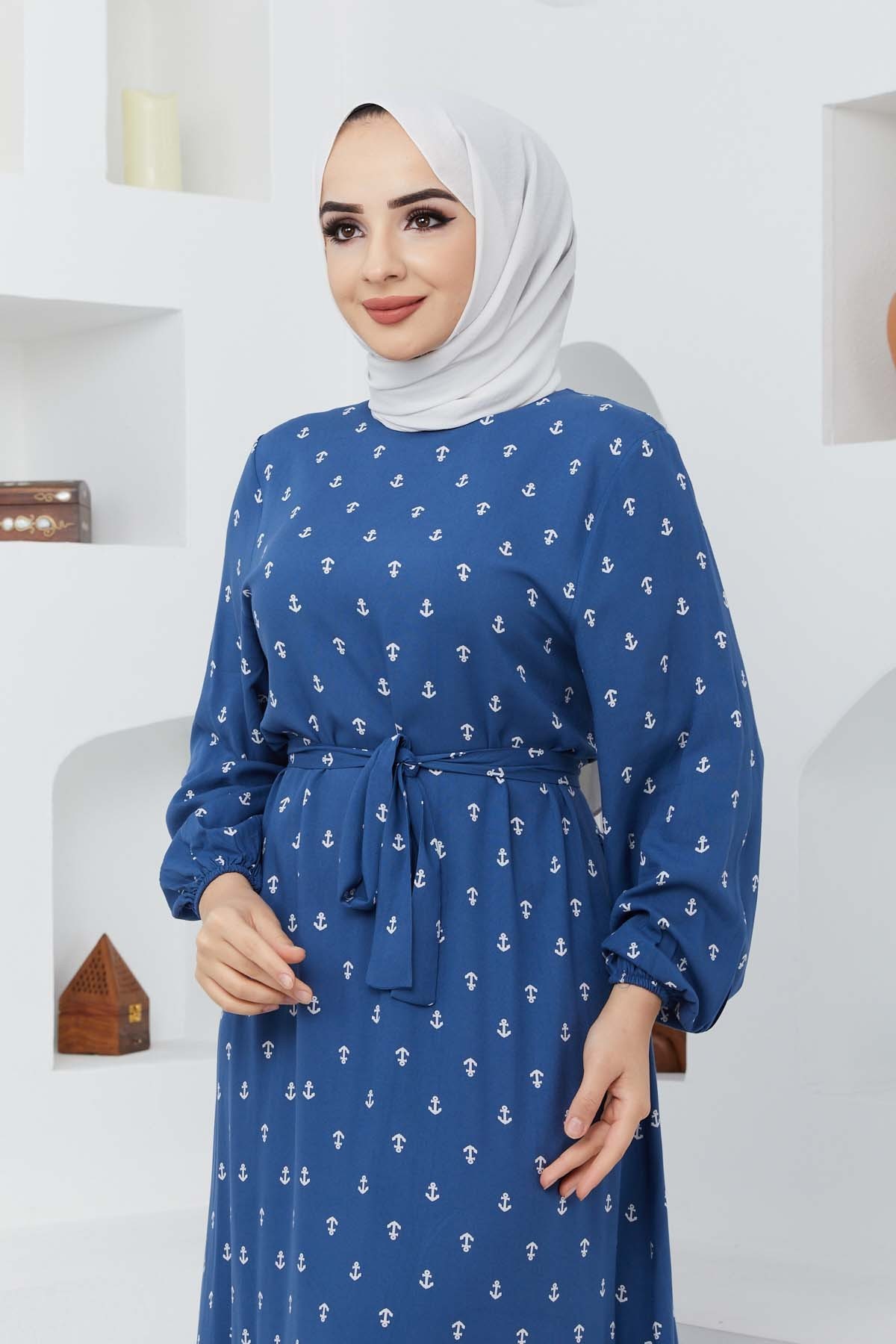 Çapa Viskon Elbise - Mavi