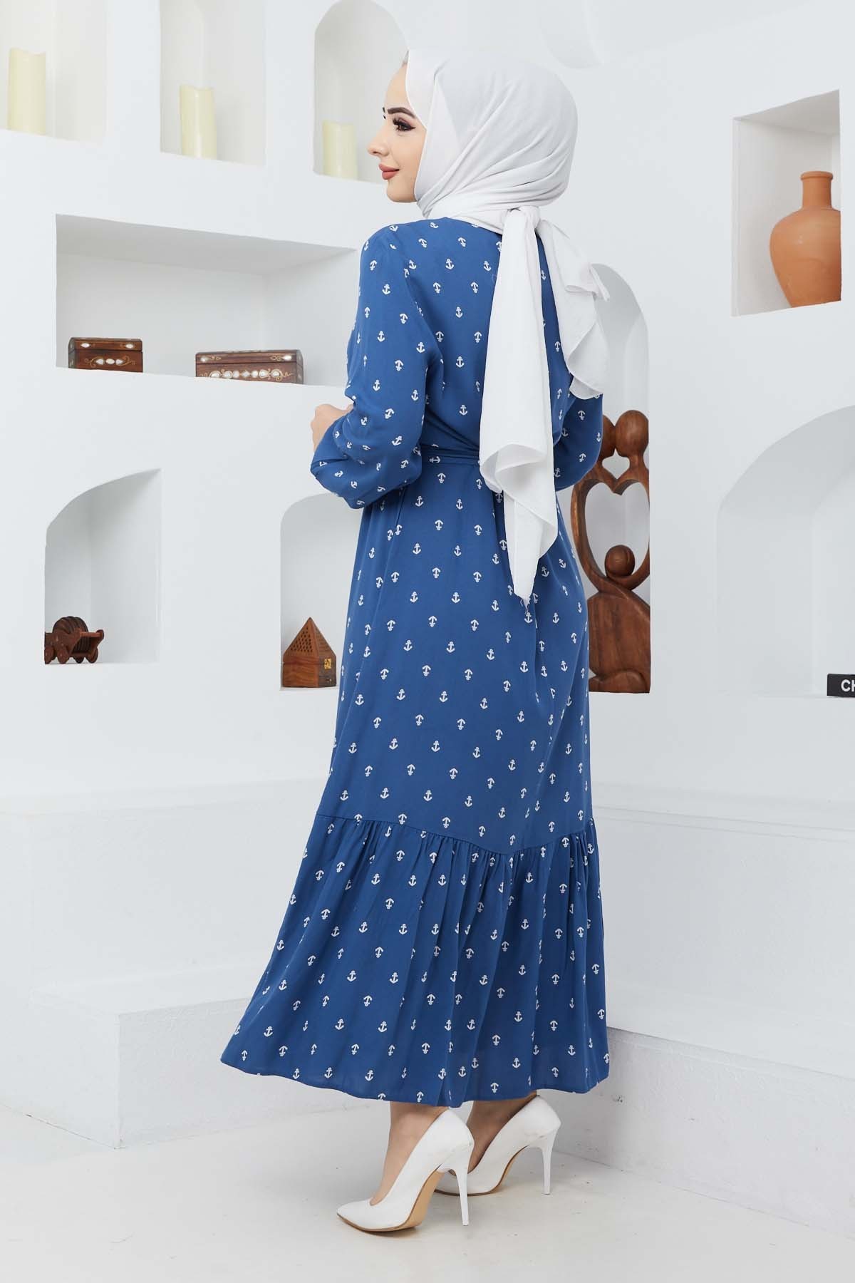 Çapa Viskon Elbise - Mavi