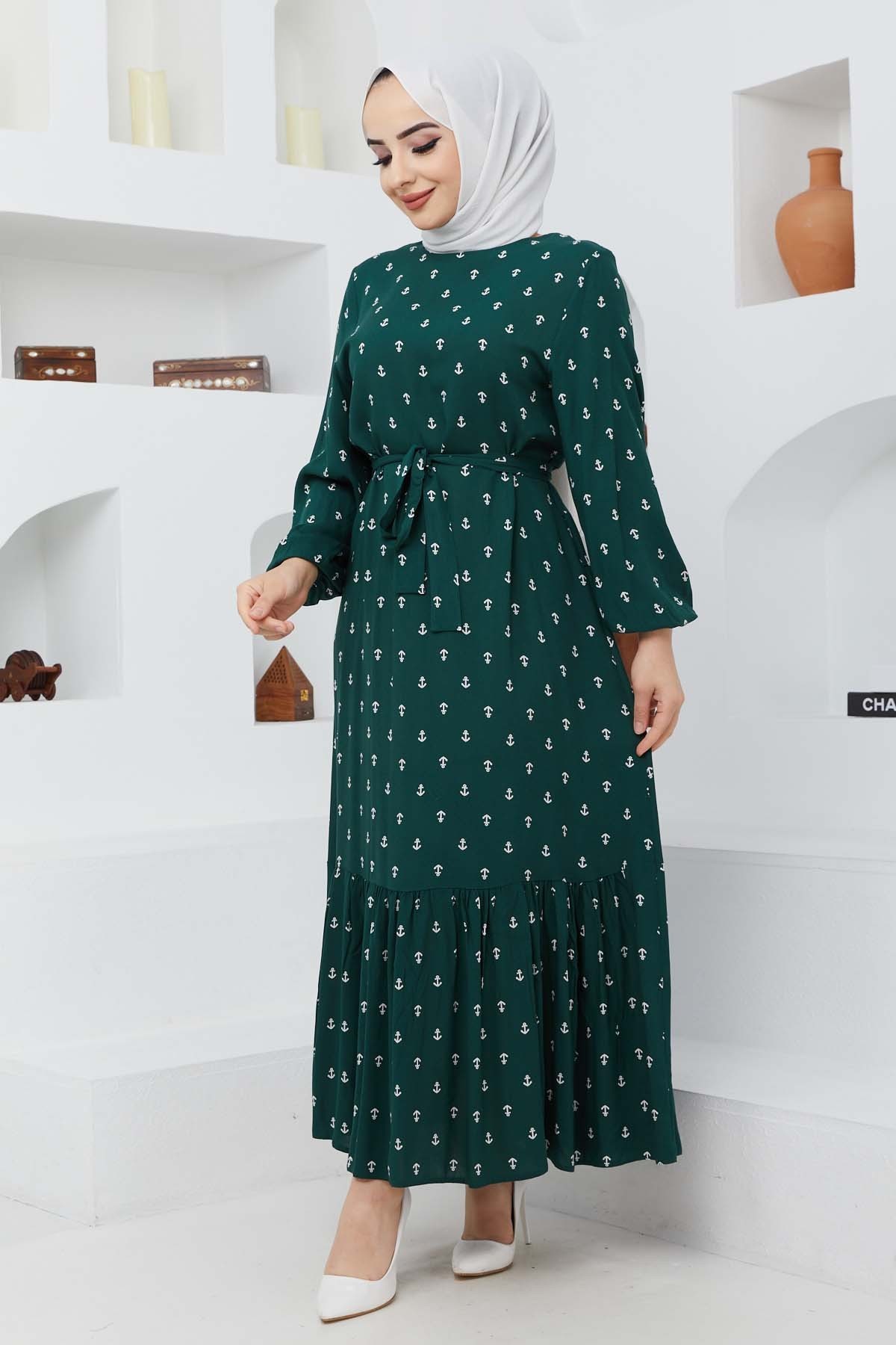 Çapa Viskon Elbise - Yeşil