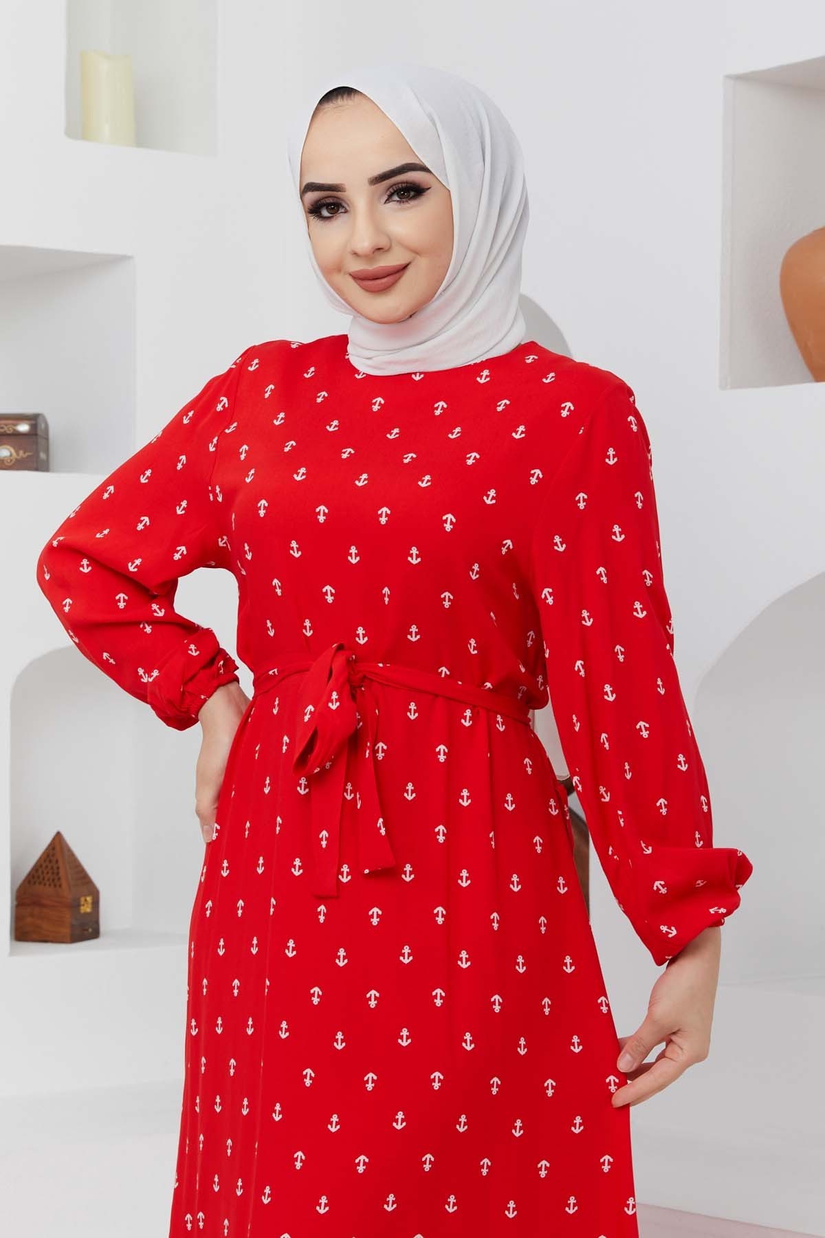 Çapa Viskon Elbise - Kırmızı