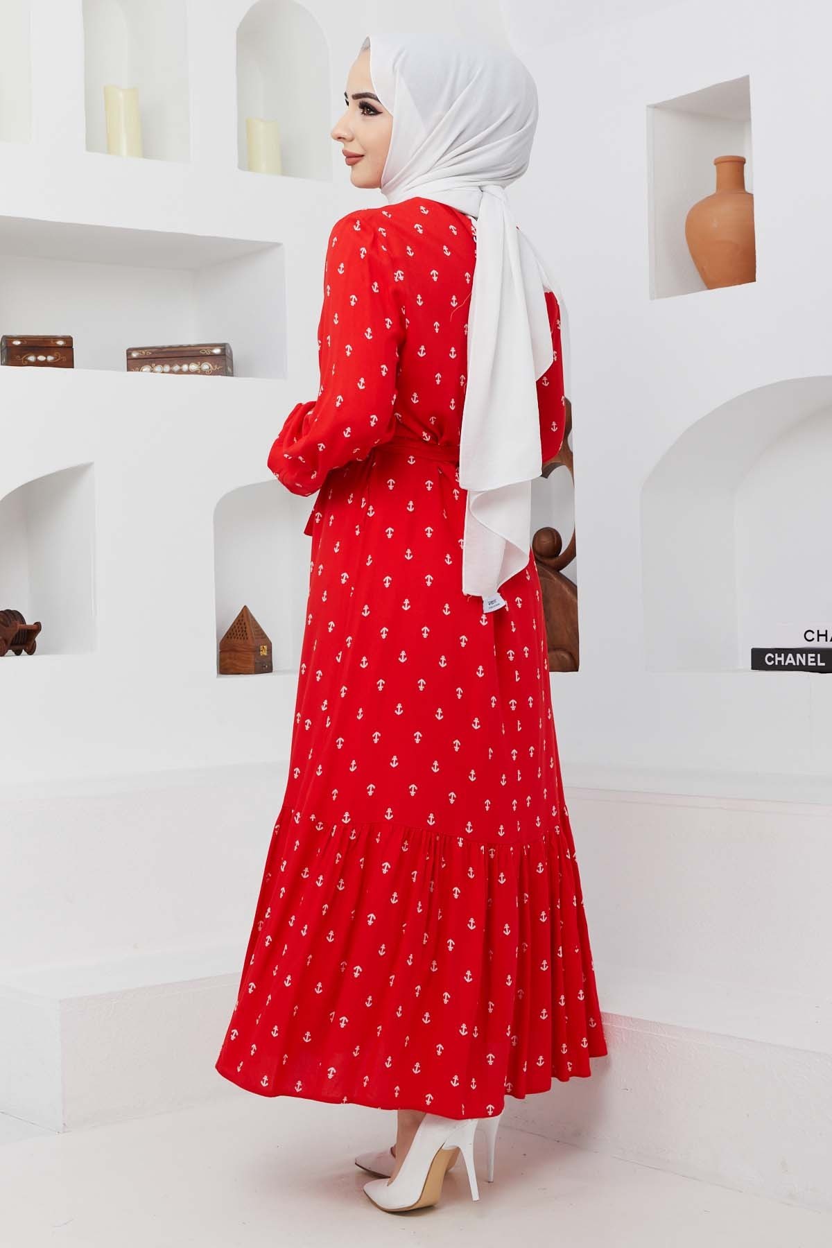 Çapa Viskon Elbise - Kırmızı