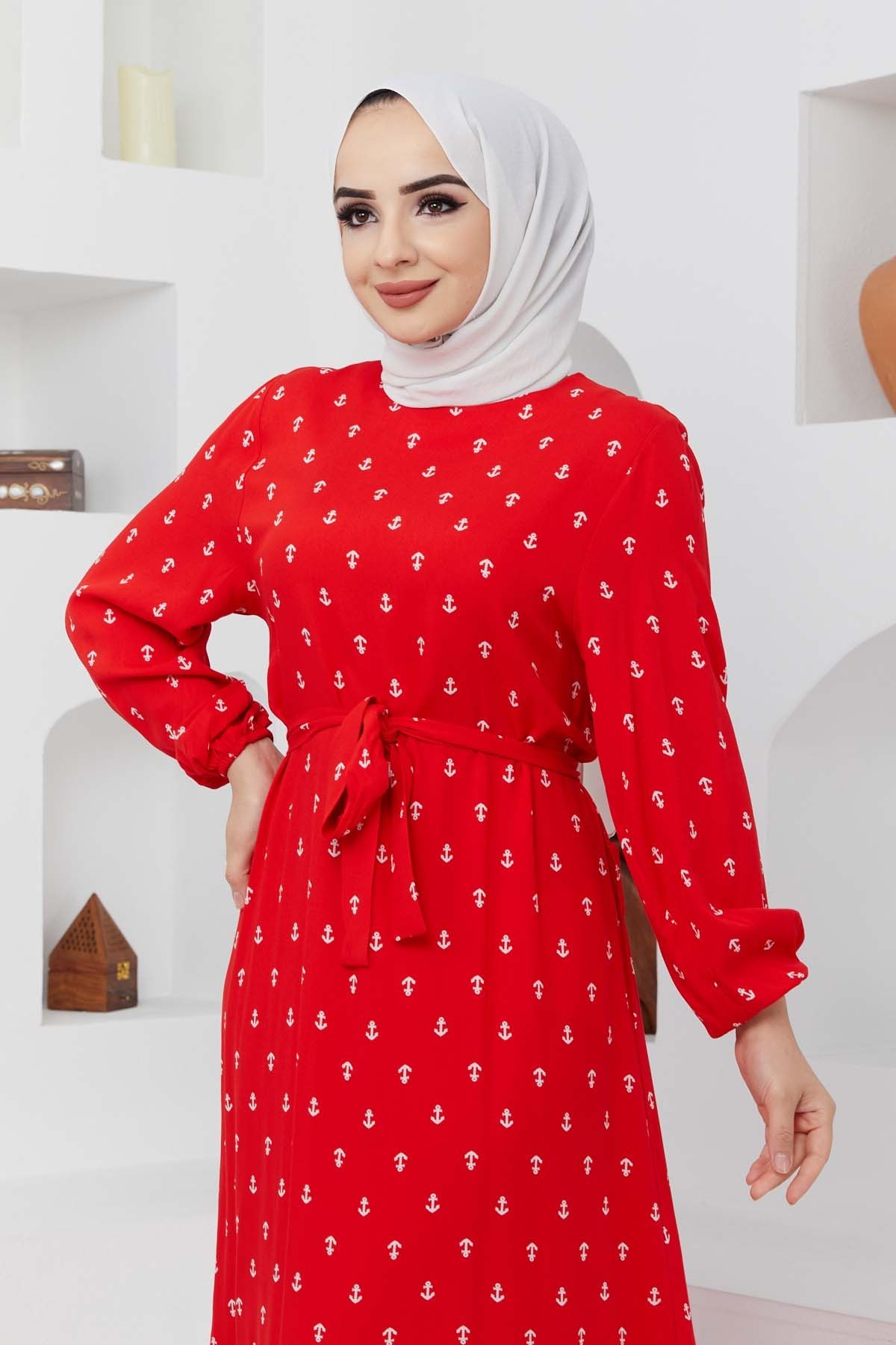 Çapa Viskon Elbise - Kırmızı