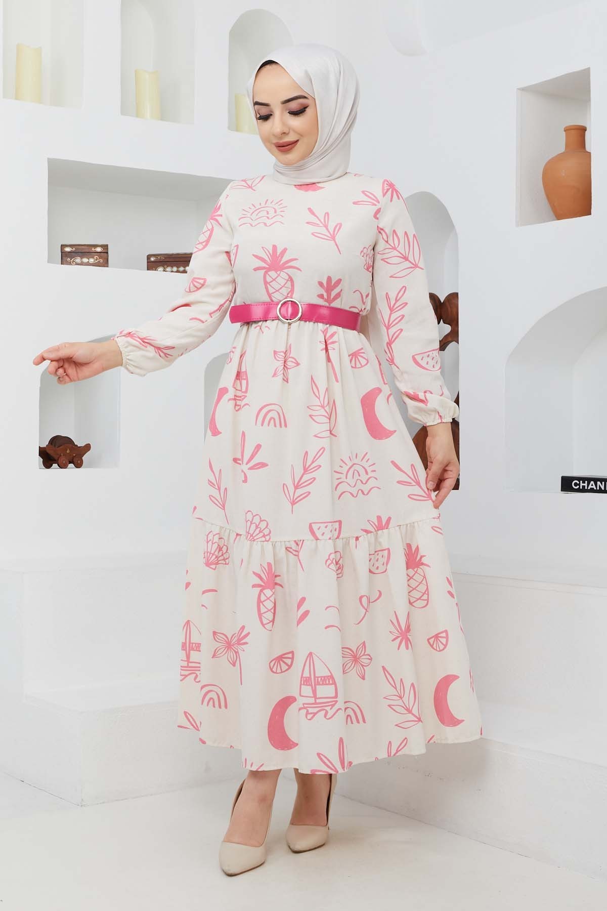 Masal Keten Elbise - Fuşya