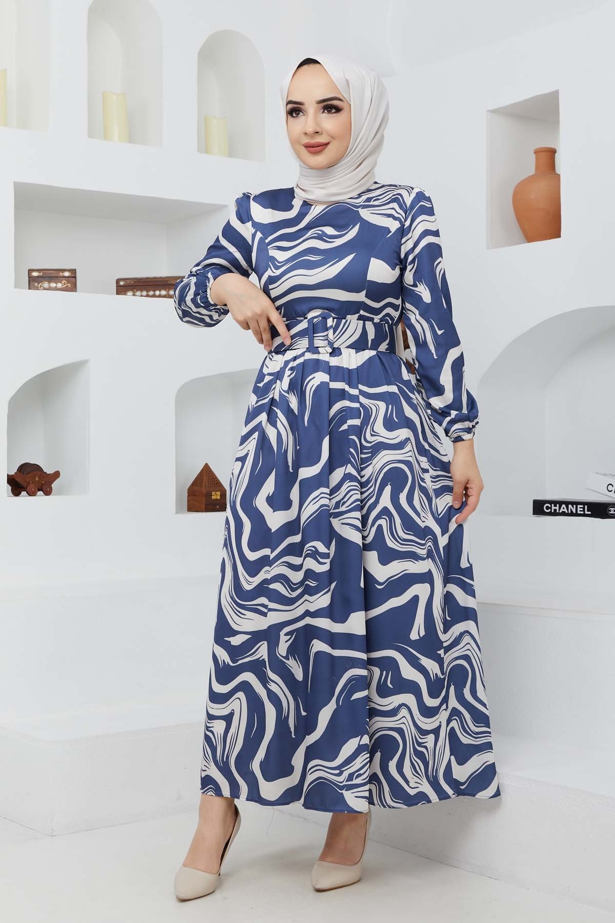 Gonca Saten Elbise - Mavi