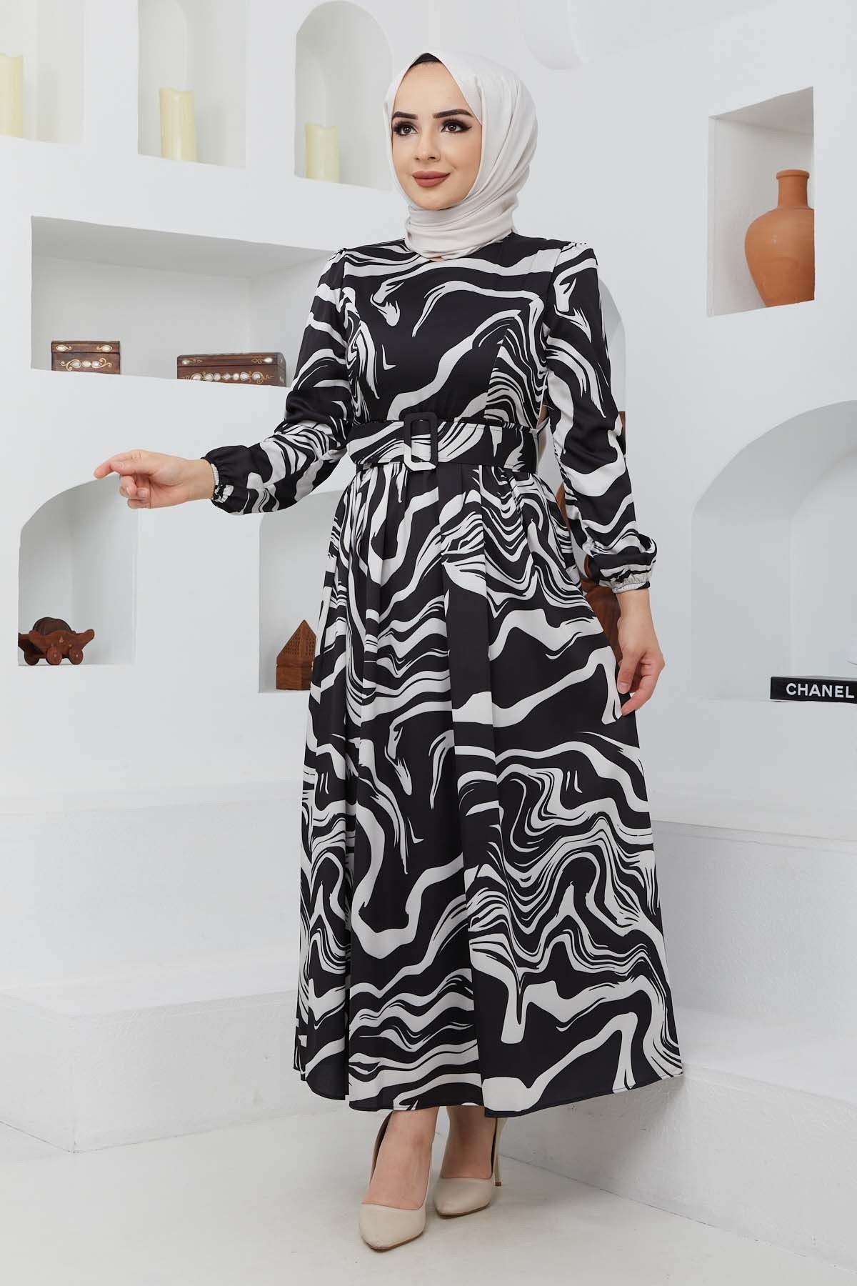 Gonca Saten Elbise - Siyah