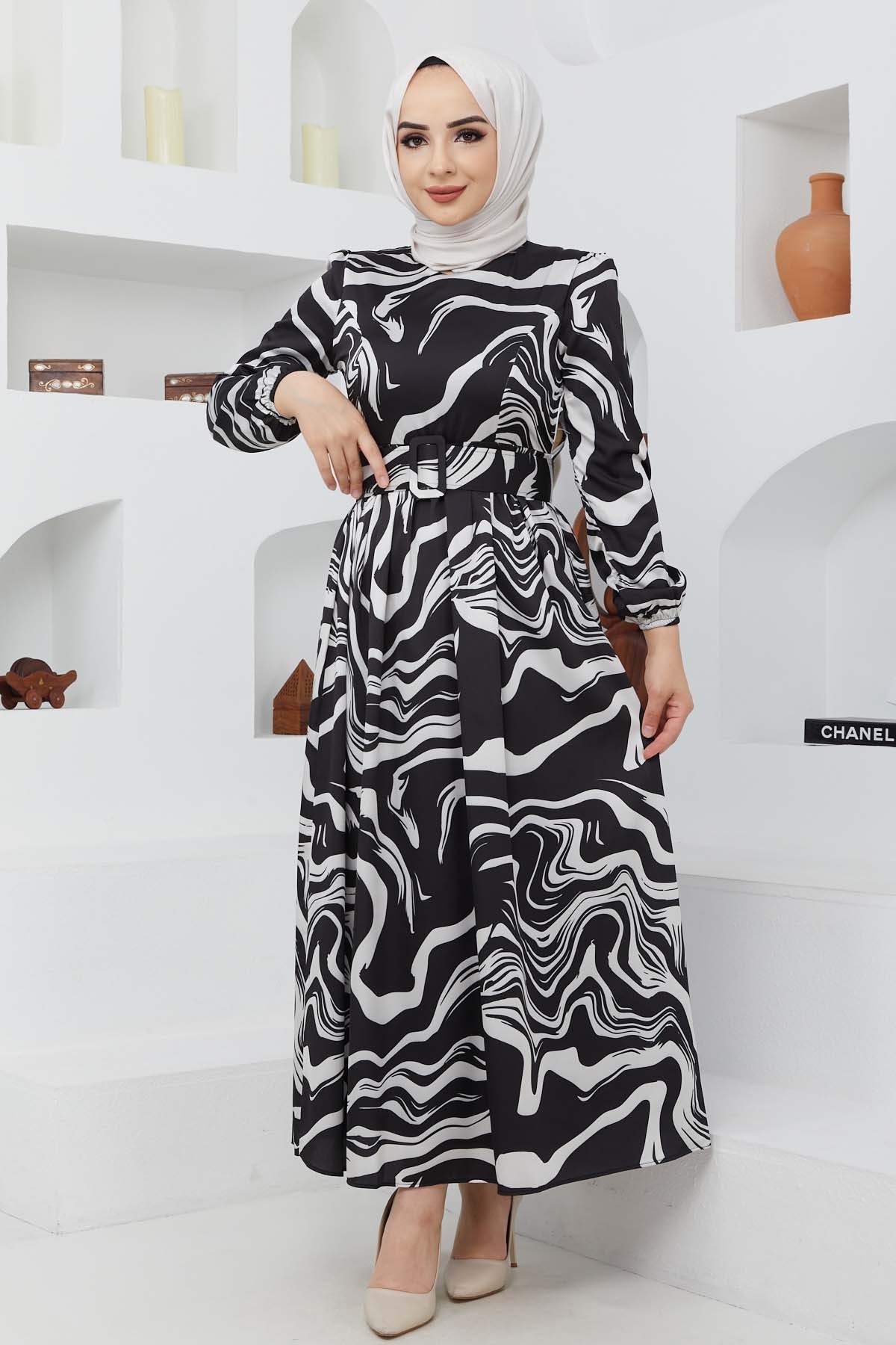 Gonca Saten Elbise - Siyah