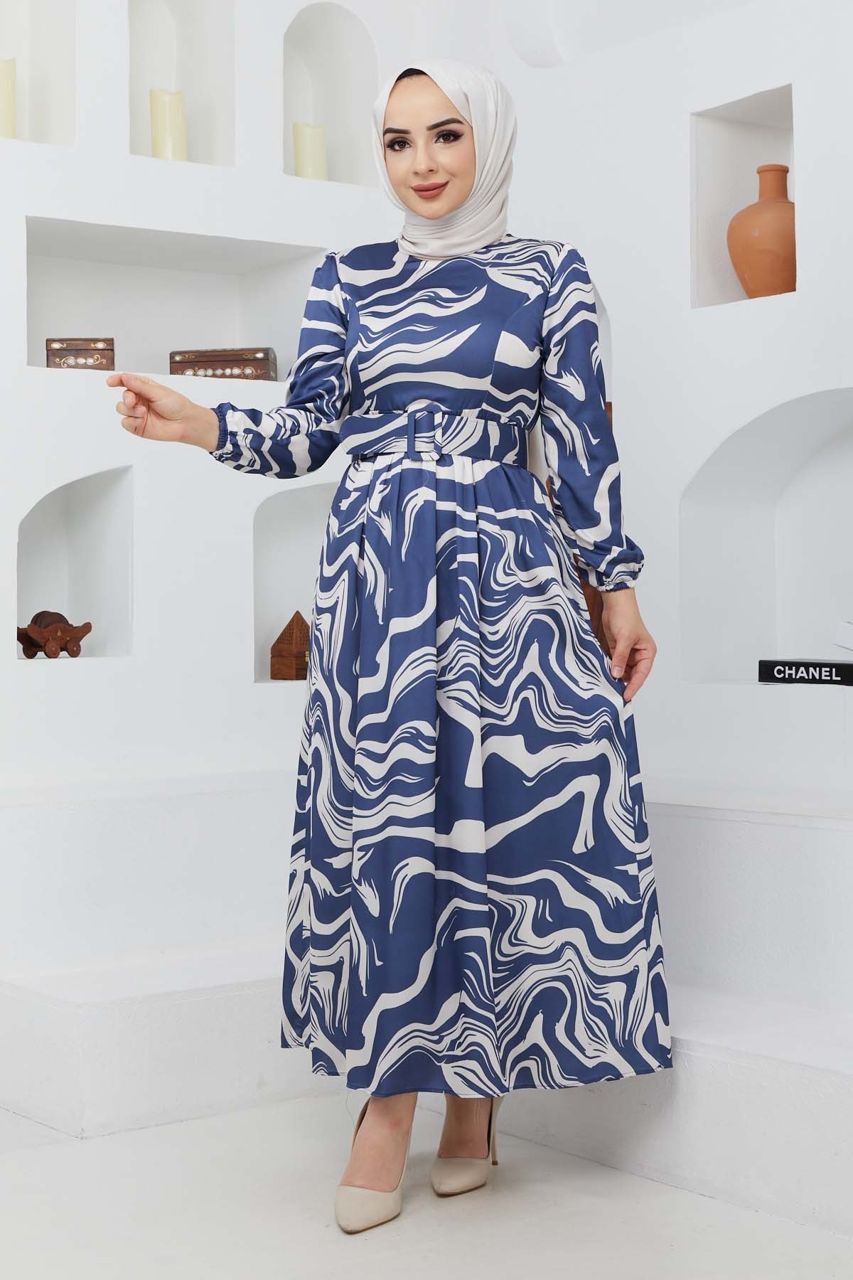 Gonca Saten Elbise - Mavi