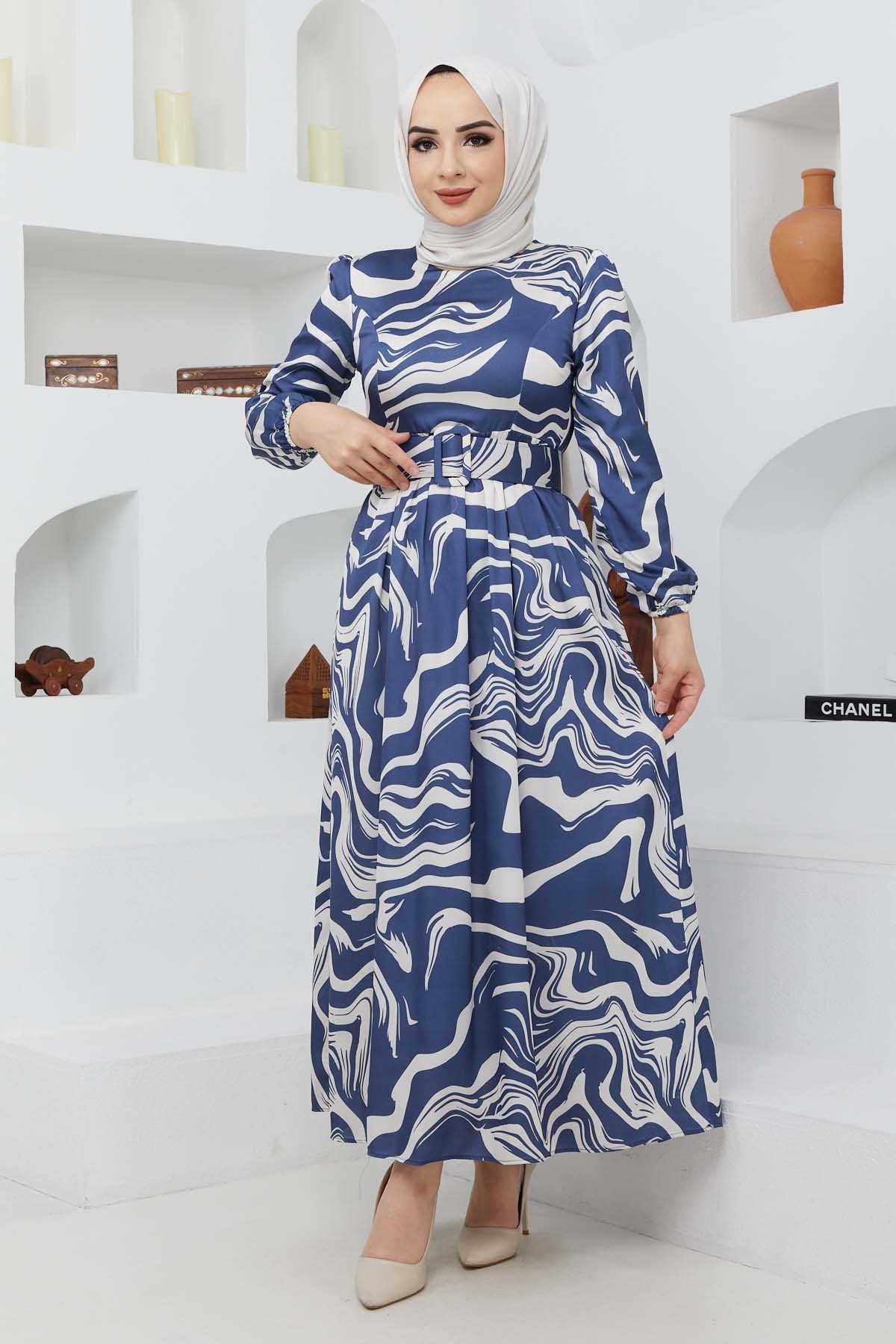 Gonca Saten Elbise - Mavi