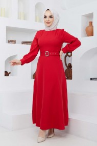 Kemerli Kiloş Elbise - Kırmızı
