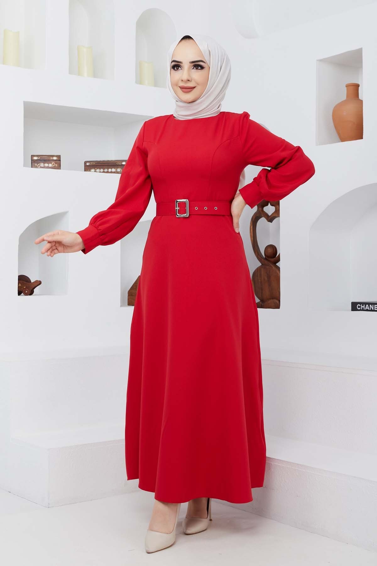 Kemerli Kiloş Elbise - Kırmızı