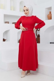 Kemerli Kiloş Elbise - Kırmızı