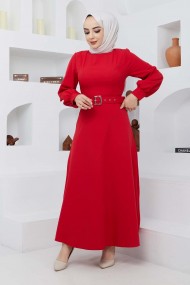 Kemerli Kiloş Elbise - Kırmızı