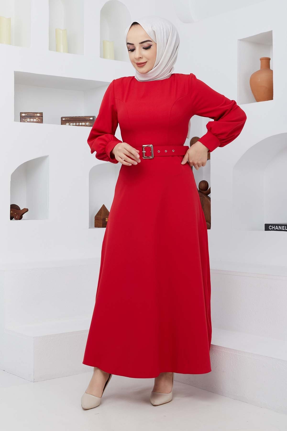 Kemerli Kiloş Elbise - Kırmızı