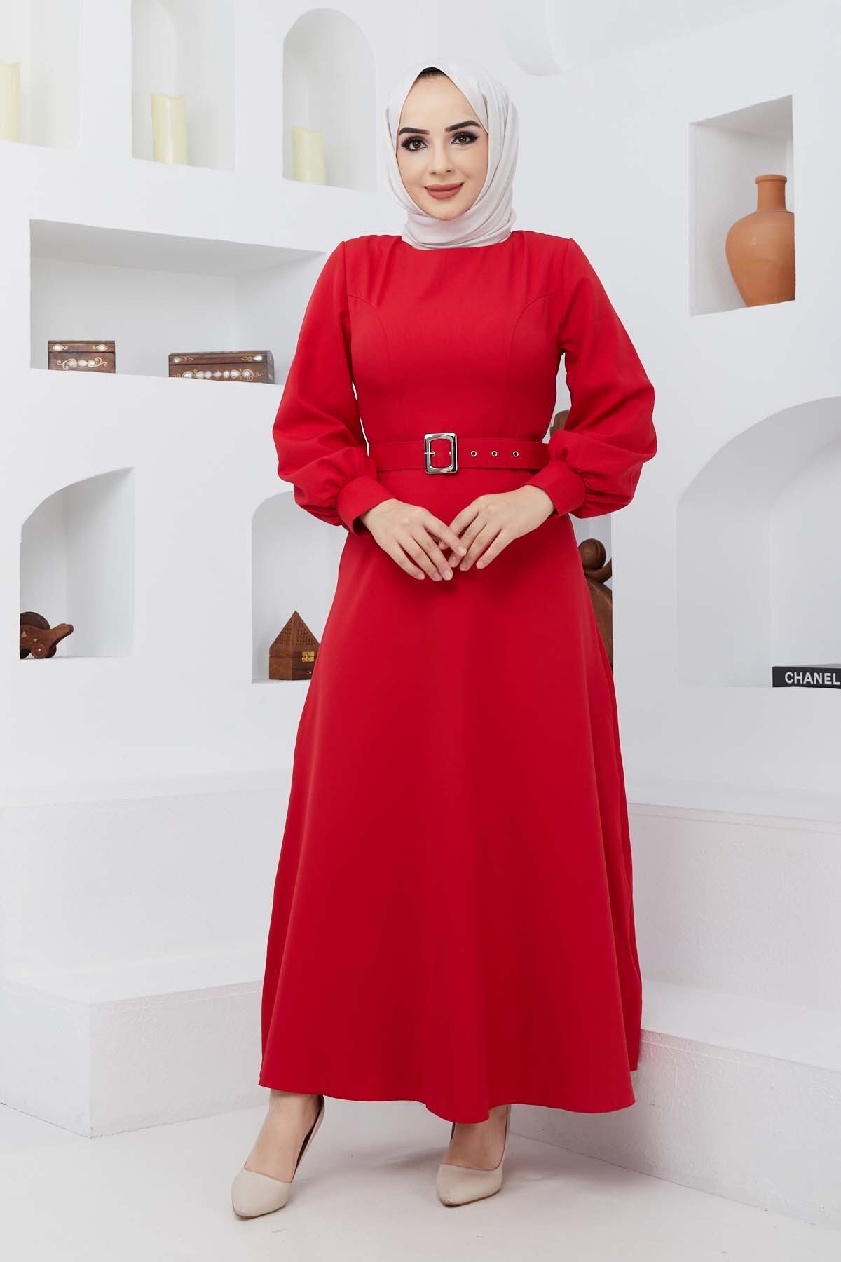 Kemerli Kiloş Elbise - Kırmızı