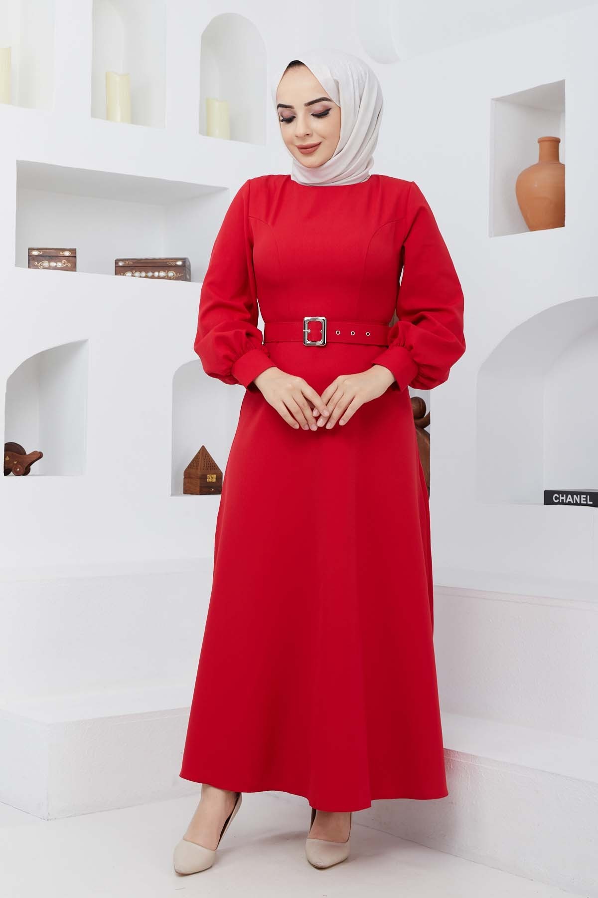 Kemerli Kiloş Elbise - Kırmızı