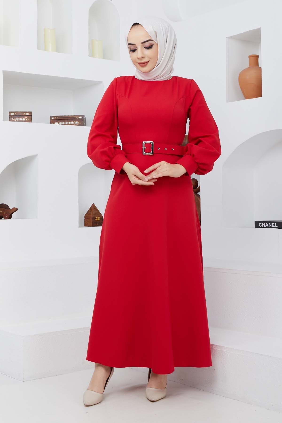 Kemerli Kiloş Elbise - Kırmızı