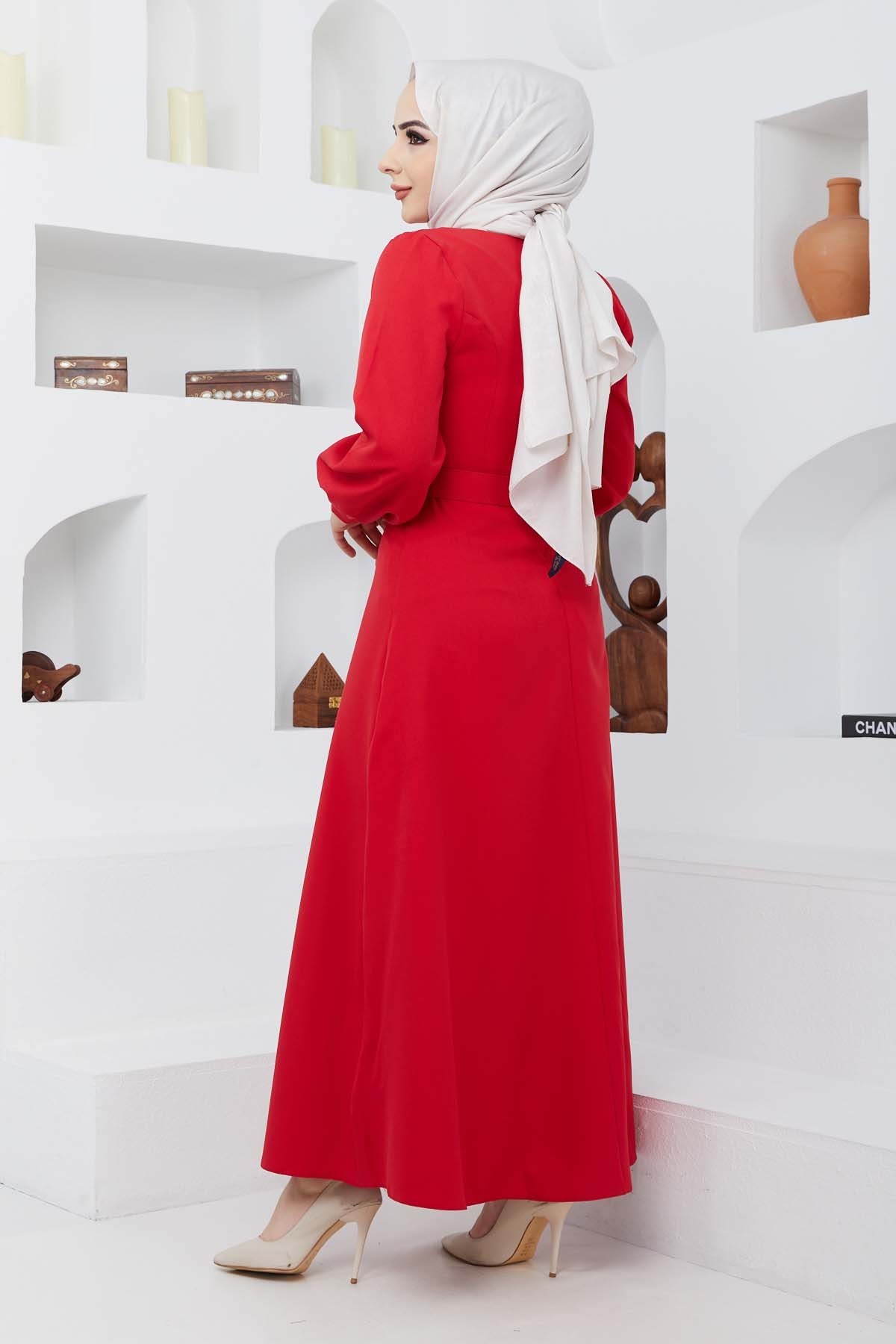 Kemerli Kiloş Elbise - Kırmızı