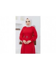 Kemerli Kiloş Elbise - Kırmızı
