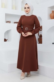 Kemerli Kiloş Elbise - Kahve