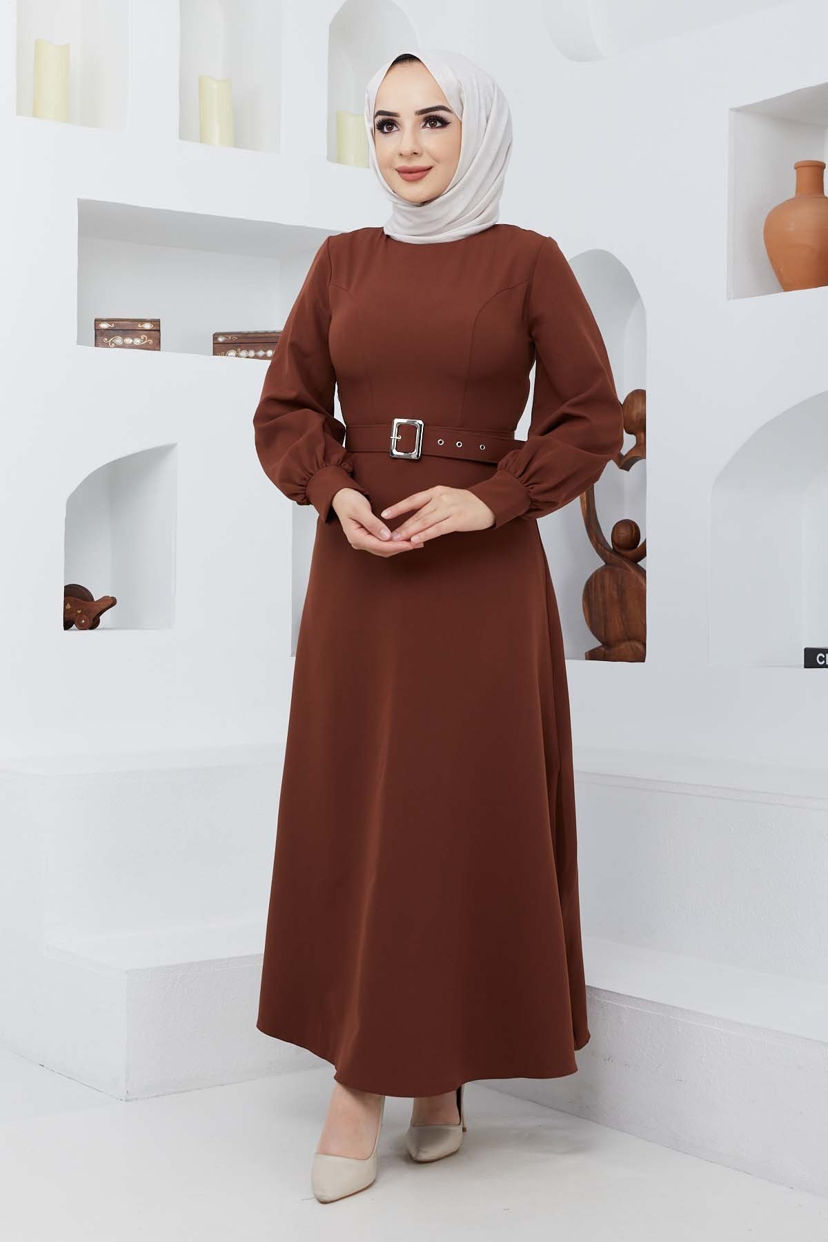 Kemerli Kiloş Elbise - Kahve