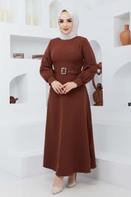 Kemerli Kiloş Elbise - Kahve