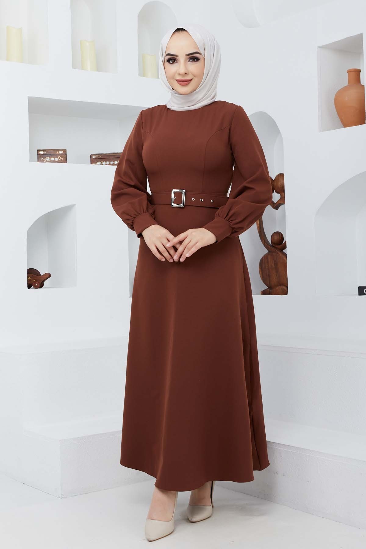 Kemerli Kiloş Elbise - Kahve