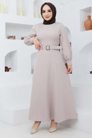 Kemerli Kiloş Elbise - Bej