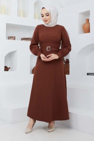 Kemerli Kiloş Elbise - Kahve