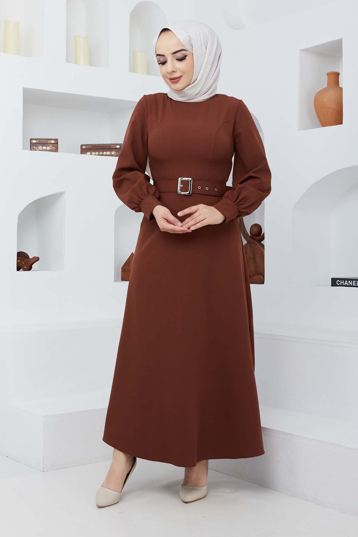 Kemerli Kiloş Elbise - Kahve