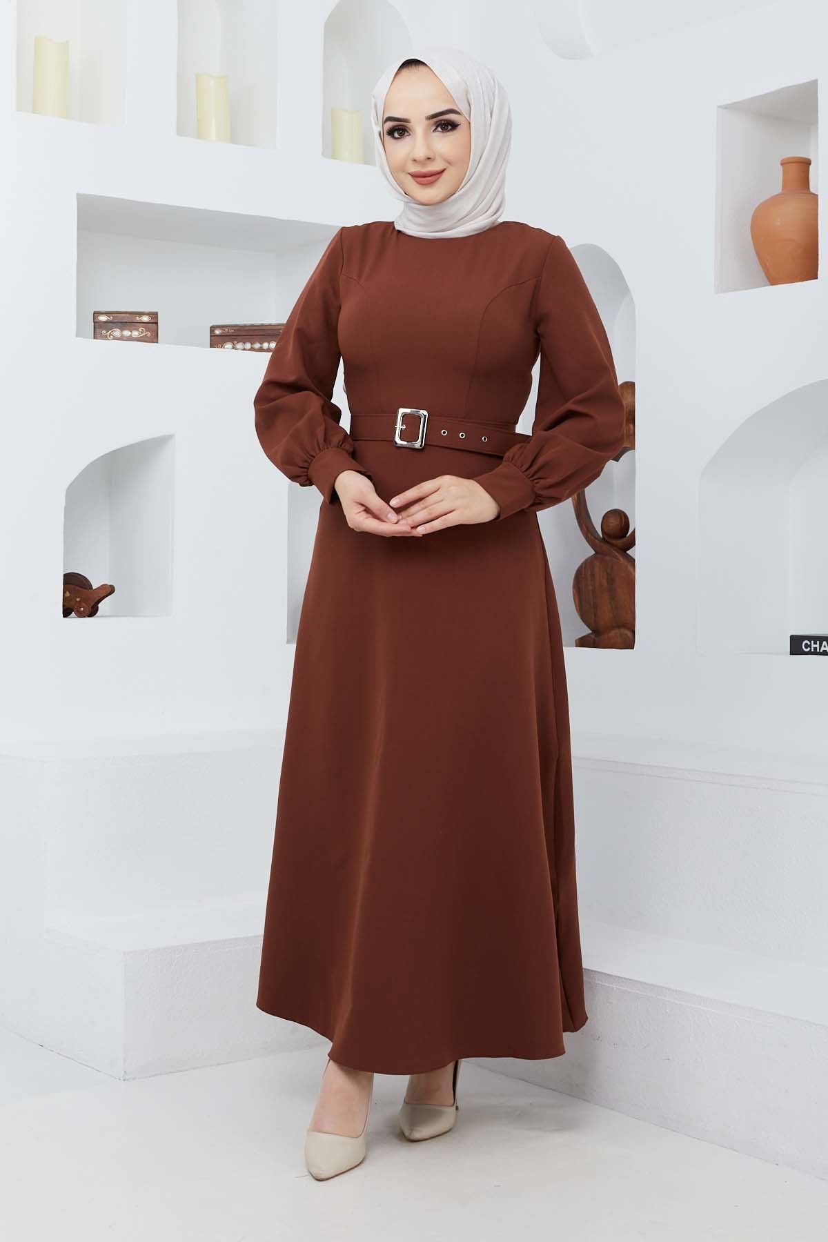 Kemerli Kiloş Elbise - Kahve