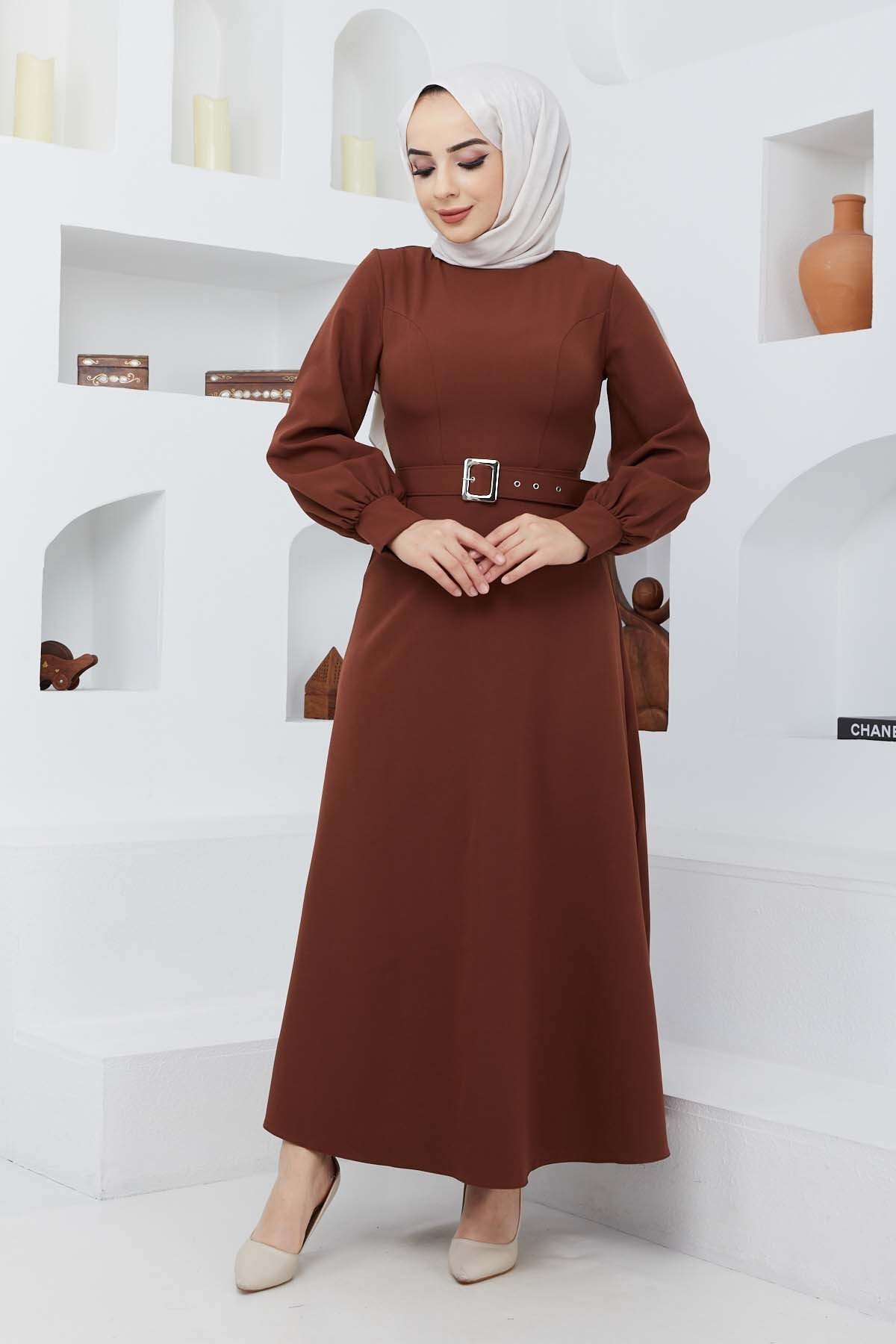 Kemerli Kiloş Elbise - Kahve