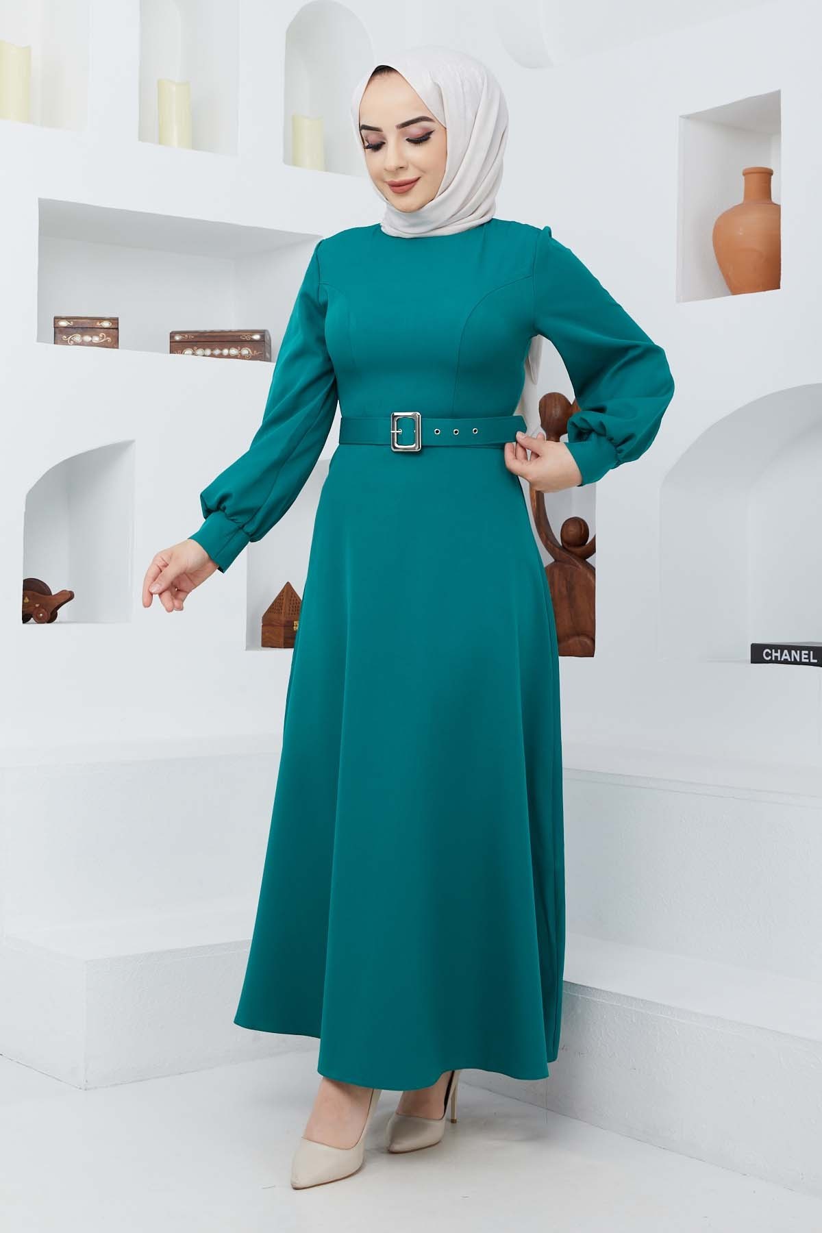 Kemerli Kiloş Elbise - Yeşil