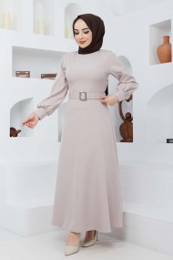 Kemerli Kiloş Elbise - Bej